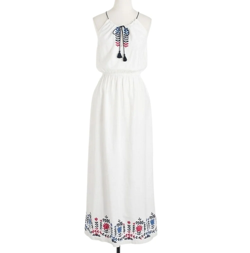 J.Crew Embroidered Linen Blend White Maxi Dress Womens XL